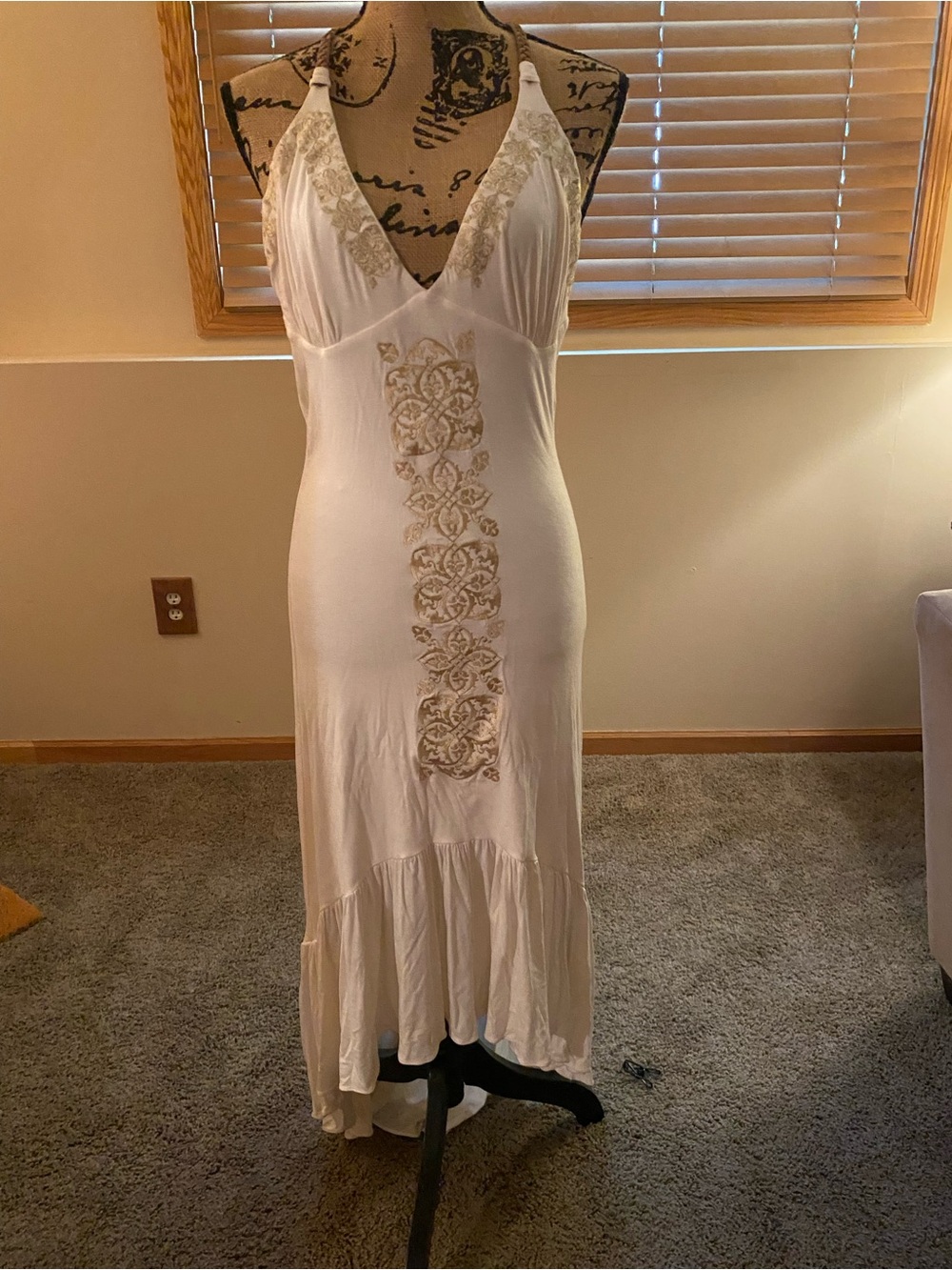 Sky White Halter Maxi Dress with Cream Embroidery